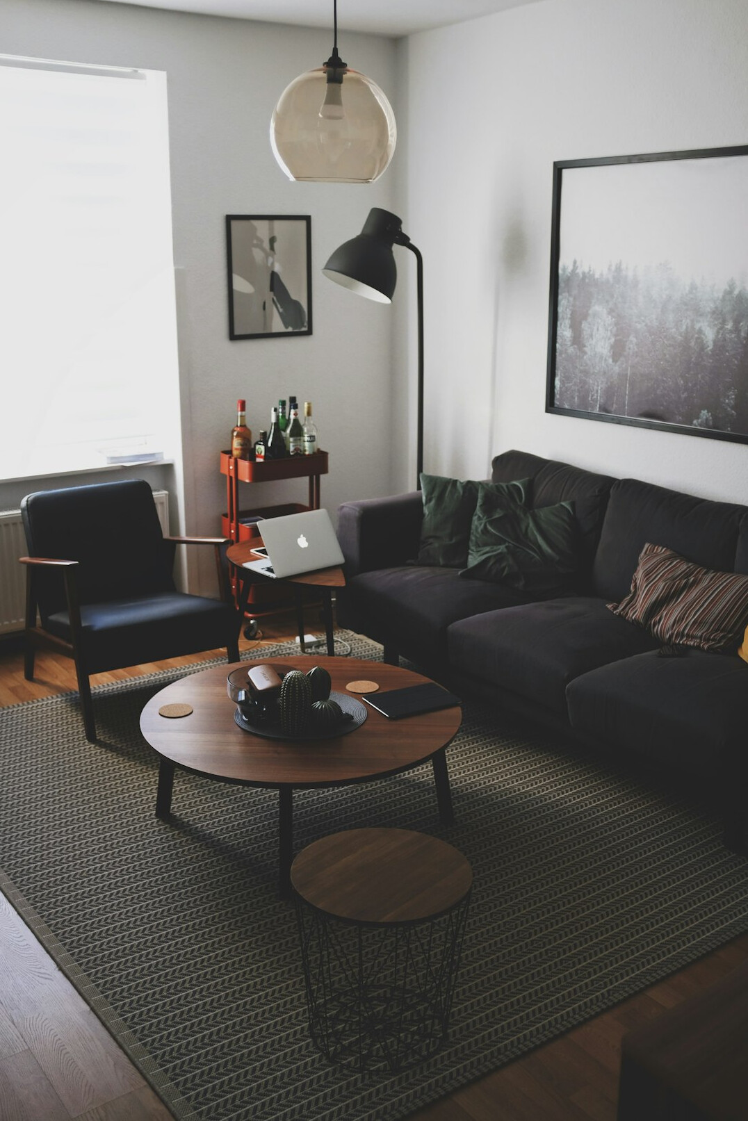 Modest lived-in living room interior with natural window light